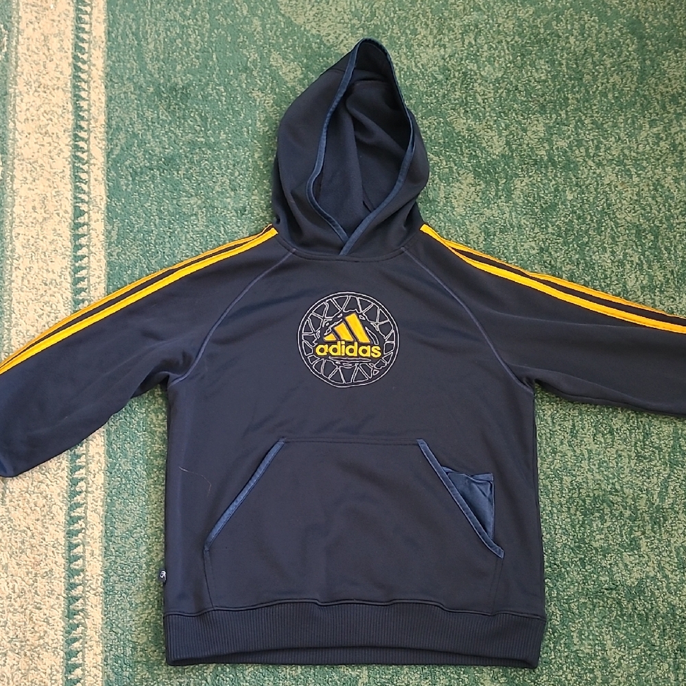 Adidas Kids Hoodie in Navy with Yellow Stripes
